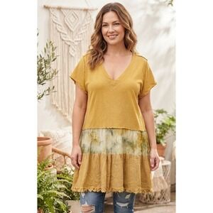 Umgee + USA V-Neck Tiered Dress Mustard Yellow Boho Fringe Hem Size 2XL Cotton